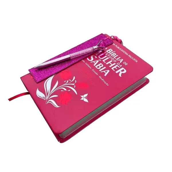 Bíblia de Estudo da Mulher Sábia Pink Capa Dura com Caneta Glitter